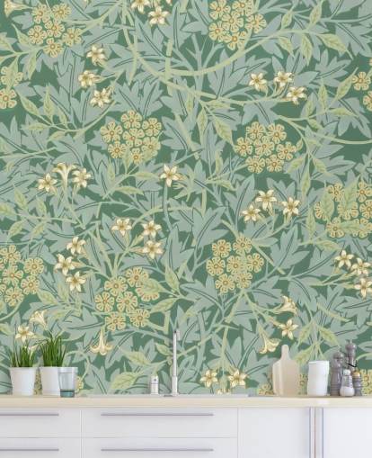 bladeren en bloemen groen behang