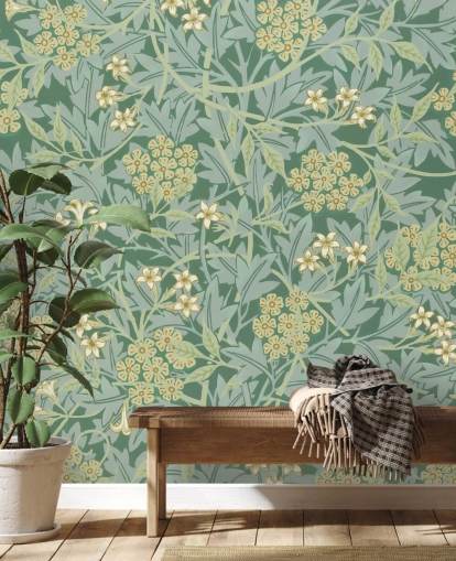 leaves and flowers green wallpaper