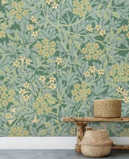 carta da parati verde foglie e fiori