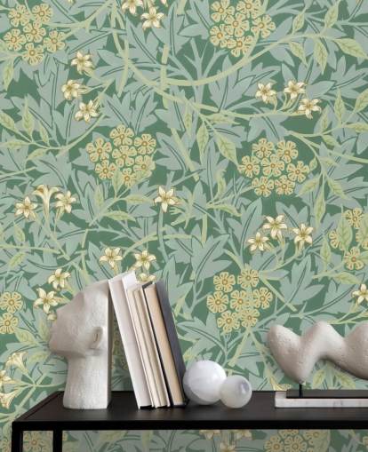 papel tapiz verde hojas y flores