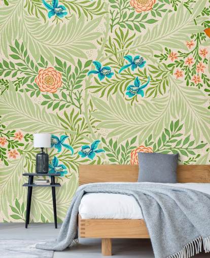 groene bladeren en roze en blauwe bloemen behang groene bladeren en roze en blauwe bloemen behang