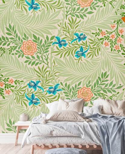 papel pintado de hojas verdes y flores rosas y azules papel pintado de hojas verdes y flores rosas y azules