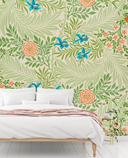 green leaves and pink and blue flowers wallpaper