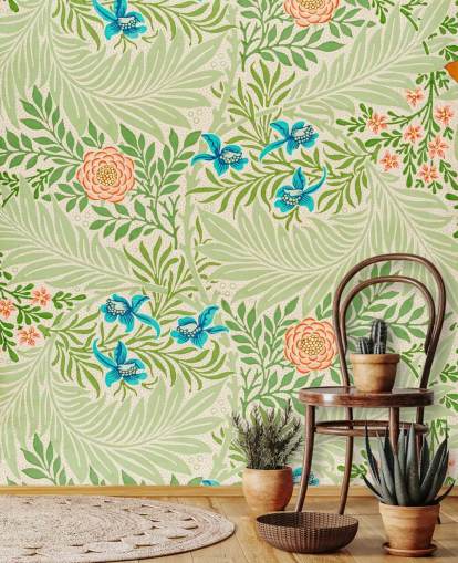 green leaves and pink and blue flowers wallpaper