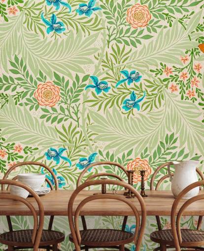 green leaves and pink and blue flowers wallpaper