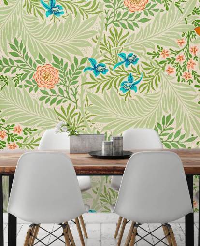 papier peint de feuilles vertes et de fleurs roses et bleues