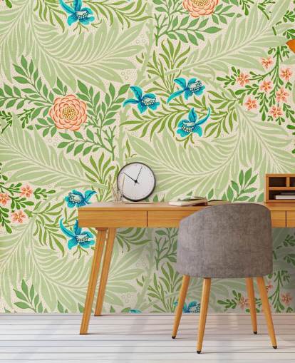 papier peint de feuilles vertes et de fleurs roses et bleues