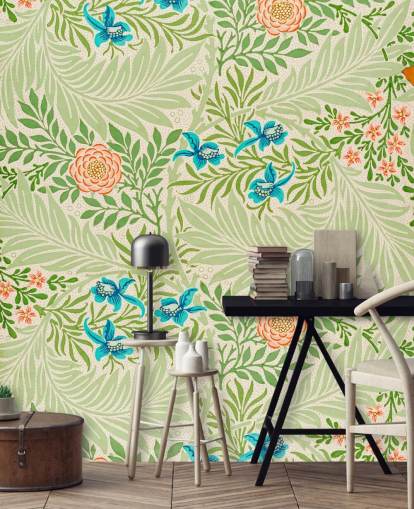 green leaves and pink and blue flowers wallpaper