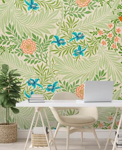 papel de parede de folhas verdes e flores rosa e azuis papel de parede de folhas verdes e flores rosa e azuis