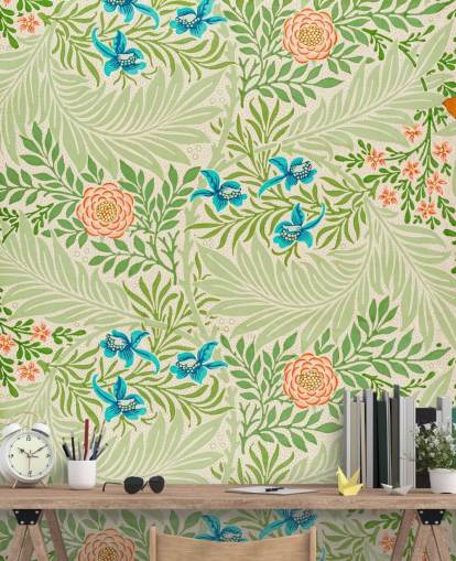 papel pintado de hojas verdes y flores rosas y azules