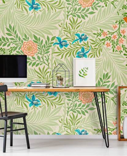 green leaves and pink and blue flowers wallpaper