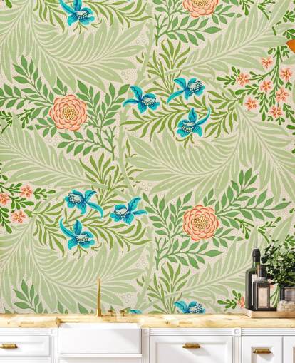 carta da parati con foglie verdi e fiori rosa e blu