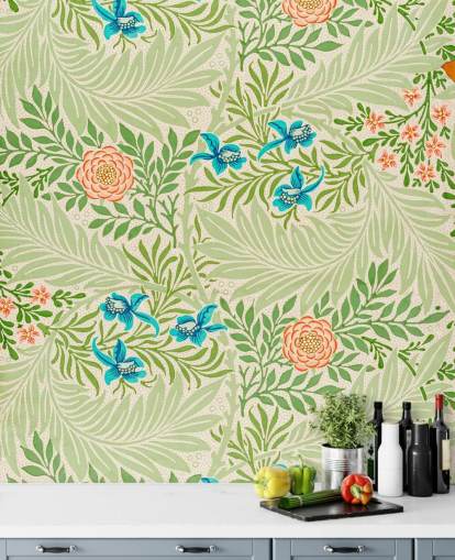 papier peint de feuilles vertes et de fleurs roses et bleues