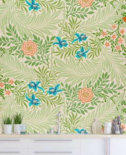 papel pintado de hojas verdes y flores rosas y azules