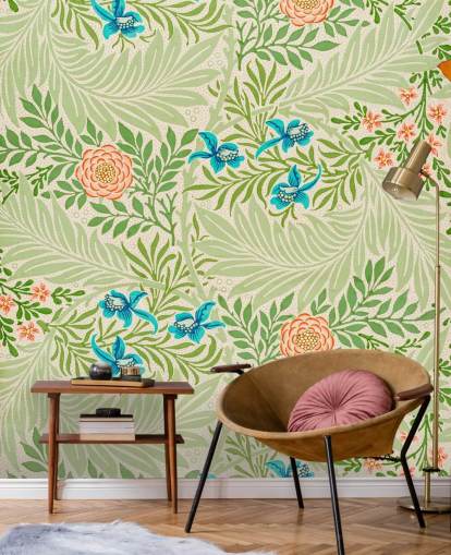 green leaves and pink and blue flowers wallpaper