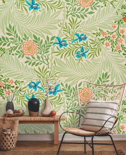 green leaves and pink and blue flowers wallpaper