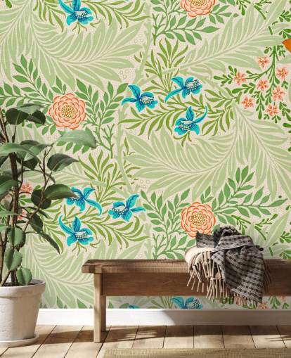 papel de parede de folhas verdes e flores rosa e azuis papel de parede de folhas verdes e flores rosa e azuis