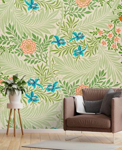 green leaves and pink and blue flowers wallpaper