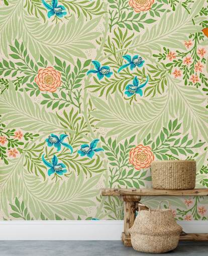 green leaves and pink and blue flowers wallpaper