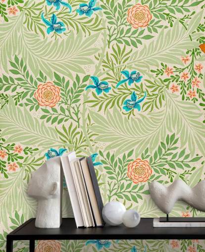 green leaves and pink and blue flowers wallpaper