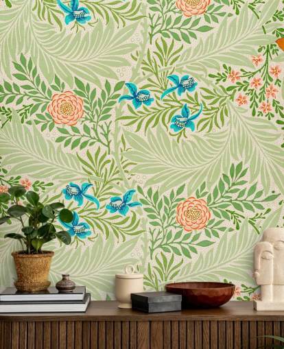 papel pintado de hojas verdes y flores rosas y azules