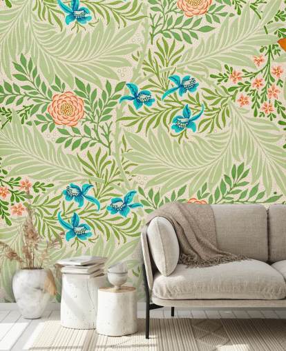 green leaves and pink and blue flowers wallpaper