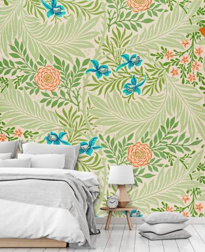 green leaves and pink and blue flowers wallpaper