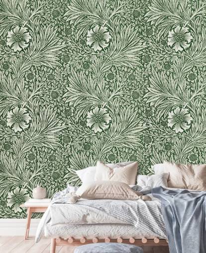 papel pintado vintage floral blanco y verde