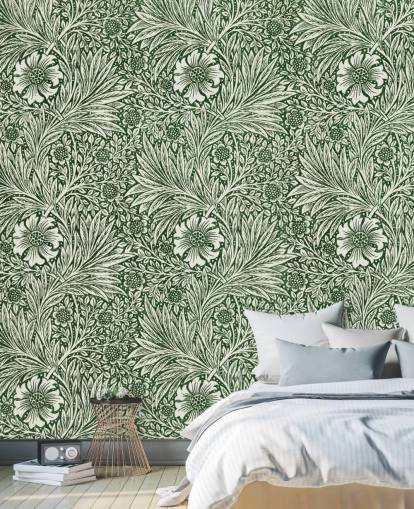 off white and green floral vintage wallpaper