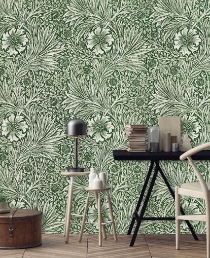 off hvit og grønn floral vintage tapet