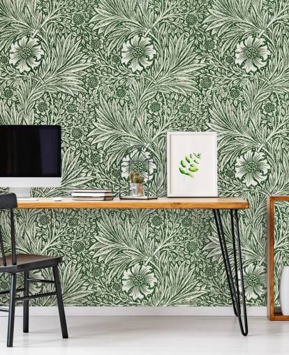 off hvit og grønn floral vintage tapet