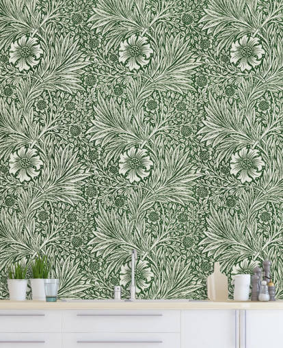 off hvit og grønn floral vintage tapet