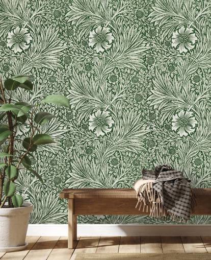 off hvit og grønn floral vintage tapet