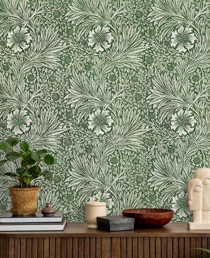 papel pintado vintage floral blanco y verde