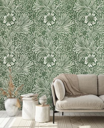 off white and green floral vintage wallpaper