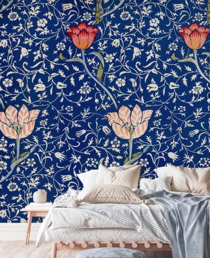 navy blue wallpaper with pink and red flowers