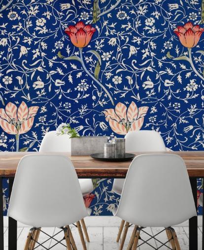 navy blue wallpaper with pink and red flowers