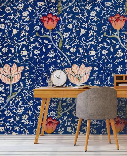 navy blue wallpaper with pink and red flowers