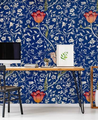 navy blue wallpaper with pink and red flowers