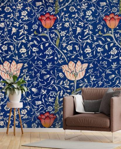 navy blue wallpaper with pink and red flowers
