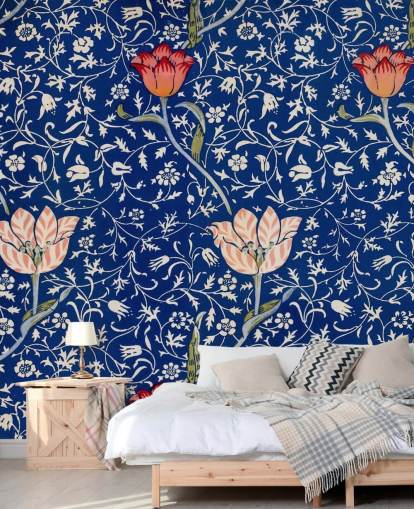 carta da parati blu navy con fiori rosa e rossi carta da parati blu navy con fiori rosa e rossi