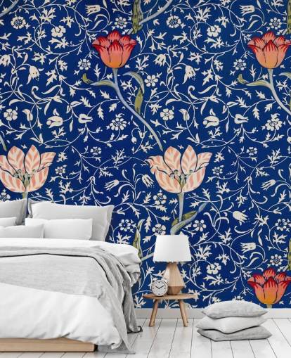 navy blue wallpaper with pink and red flowers