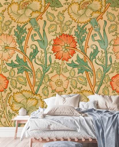 papel pintado floral vintage naranja y verde