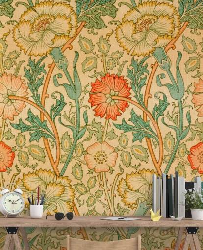 papier peint à fleurs vintage orange et vert