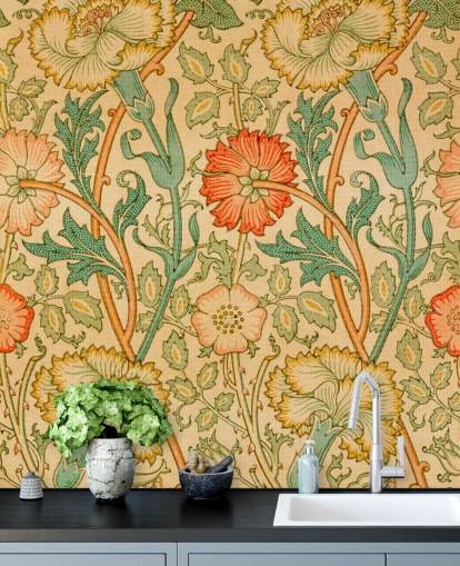 orange och grön vintage blommig tapeter