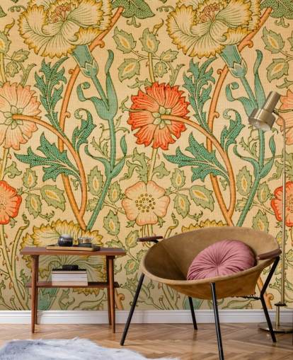 papel pintado floral vintage naranja y verde