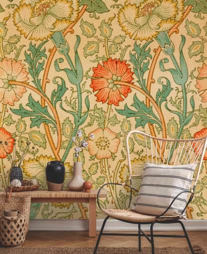 papel pintado floral vintage naranja y verde