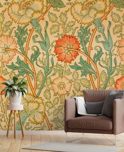 orange och grön vintage blommig tapeter