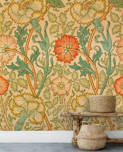 papel pintado floral vintage naranja y verde