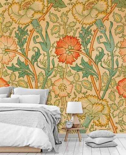 orange og grøn vintage blomstret tapet
